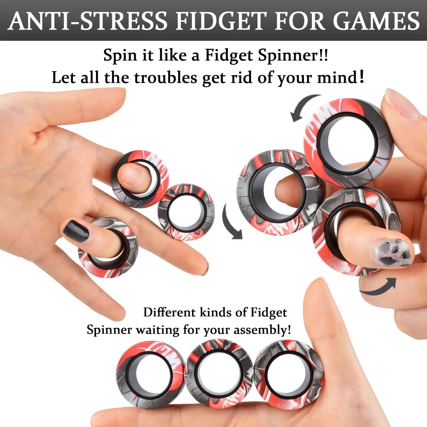 3Pcs Fidget Spinner Magnetic Ring Toys Fingers Magnet Rings ADHD Stress Relief Magical Toys for Adult Kids Anxiety